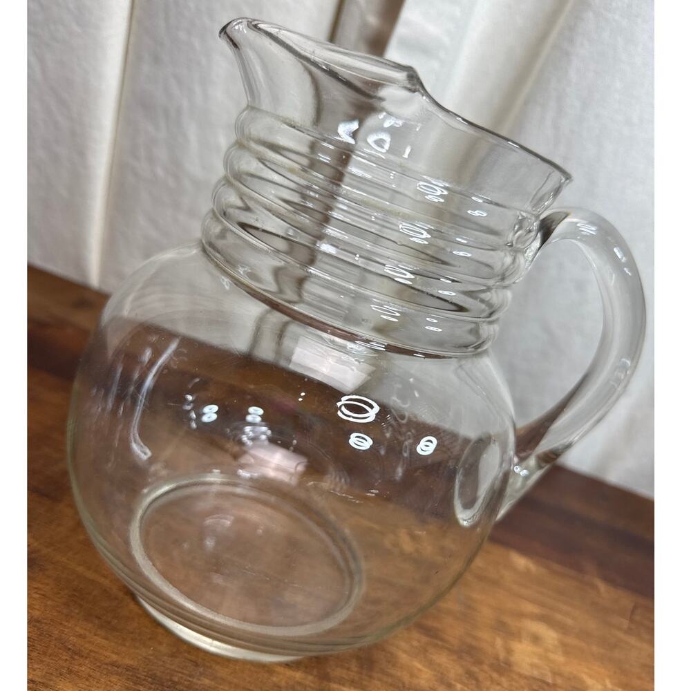 Vintage Heavy Clear Glass Ribbed Cottage Farmhouse Style Jug Pitcher With Handle